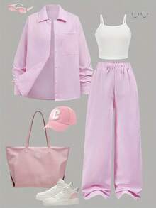 三件套优雅少女套装，包括粉色条纹外套、裤子和纯色吊带背心，时尚休闲运动风，适合日常穿着。 - 粉色 - 查看 7