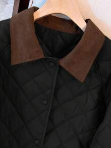 Fashionable Patchwork Quilted Collar Long Sleeve Loose Padded Coat With Pockets And Buttons