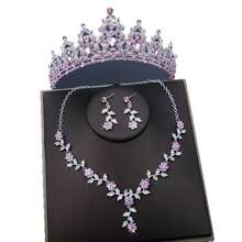 1pc Women's Pink Valentine's Day/Birthday Crown Necklace & Earrings Set, Suitable As Valentine's Gift And For Party Occasions