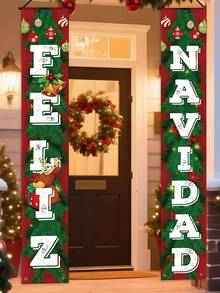 1 套西班牙语“Feliz Navidad”双语英语-西班牙语节日横幅，/金铃铛和花环图案 - 门墙装饰，适合圣诞节，新年前夜派对（易于悬挂），2D 平面，圣诞装饰，圣诞门装饰，圣诞派对装饰，户外圣诞横幅，圣诞装饰，圣诞墙背景，节日圣诞门横幅 - 彩色 - 查看 3