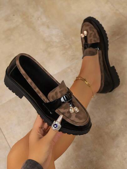 Vintage Leopard Print Patchwork Platform Loafers With Rhinestone Tassel Decoration - British Style Slip-On Shoes, Comfortable Elevated Commute Versatile Women's Shoes Loafers For Women