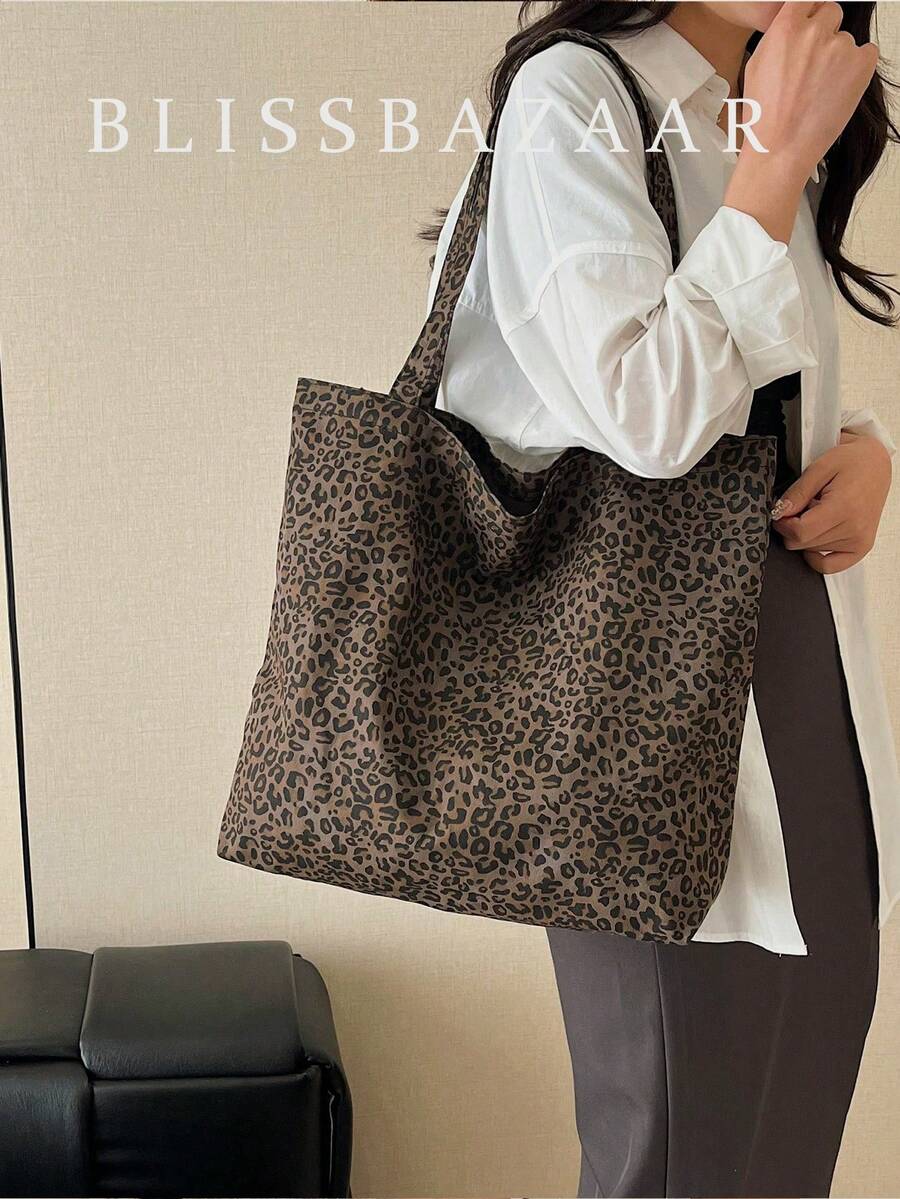 1pc Leopard Print Off-Shoulder Tote Bag, Fashionable Backpack With Large Capacity Canvas Material Beach Bag, Customizable, New Fall Winter Tiger Print Bag For Women, New Fall Winter Cheetah Print Purse For Women - Multicolor - View 1