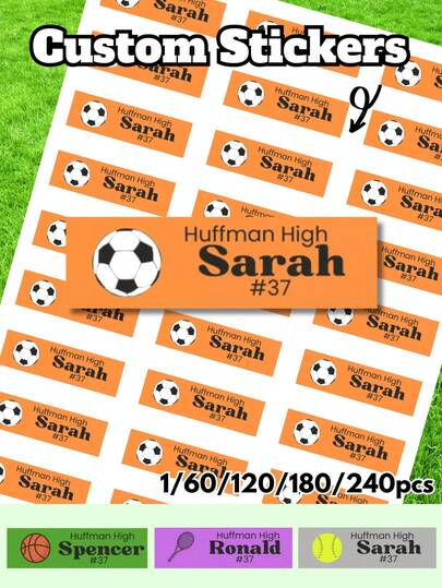 1pc/60pcs/120pcs/180pcs/240pcs Customized Sports Stickers - Personalized Name Labels, Baseball/Basketball/Soccer/Tennis/Volleyball Patterns, Suitable For Children/Students/Sports Enthusiasts | Waterproof And Durable, Tear-Resistant, Applicable To School Supplies/Water Bottles/Lunch Boxes/Sports Equipment/Gift Packaging | Easy To Peel And Stick, No Residue, Ideal Gifts For Young Athletes/Team Members/Sports Lovers On Christmas/New Year/Birthday | Provide 5 Vibrant Colors, Clear Printing, Cute Sports Patterns
