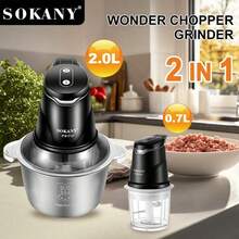 SOKANY 06028 2-In-1 Electric Meat Grinder & Food Processor, 2L Main Body & 0.7L Grinder, 400W High Power, 2 Speed Settings, Stainless Steel Quad Blade, Suitable For Home And Restaurant Use As Blender, Mincer, Garlic Press, Slicer, Wireless Food Processor For Chopping Ginger, Chili, Fruits And Meats - EU C Type Plug(220-240V) - View 3