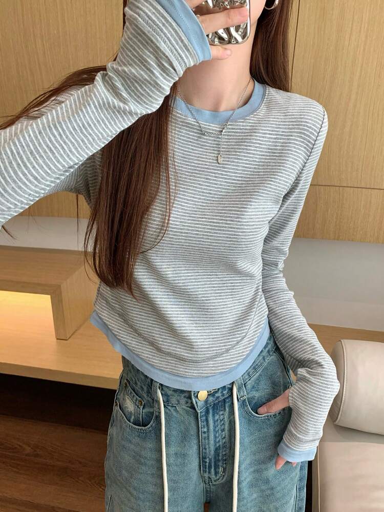 女士秋冬修身百搭撞色条纹假叠层长袖T恤休闲春季 - 灰色 - 查看 1