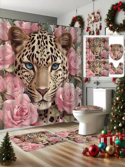 Leopard Print & Pink Rose Shower Curtain Set With 12 C-Shaped Hooks - Waterproof, Machine Washable, Animal Print - Waterproof, Non-Slip Bath Mat, Toilet Seat Cover And U-Shaped Carpet Bathroom Curtain 4-Piece Set - Machine Washable Cartoon Bathroom Decor Curtain Set, This Is A Set Of Holiday Decorative Bathroom Supplies Suitable For All Seasons, And Is The Perfect Holiday Gift For Friends And Family.