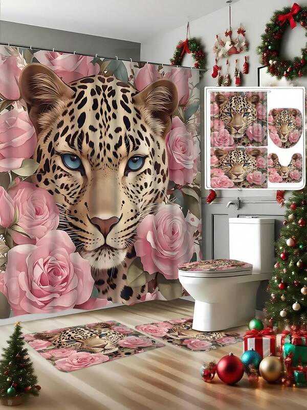 Cortina de ducha con estampado de leopardo y rosas rosadas con 12 ganchos en forma de C - Impermeable, lavable a máquina, decoración navideña con estampado animal