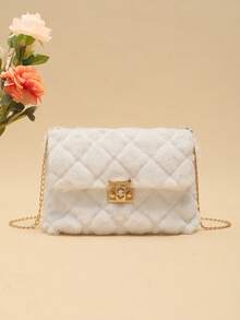 毛绒材质斜跨包，女士新款时尚百搭链条单肩包，毛绒绒锁扣小方包 - 白色 - 查看 3