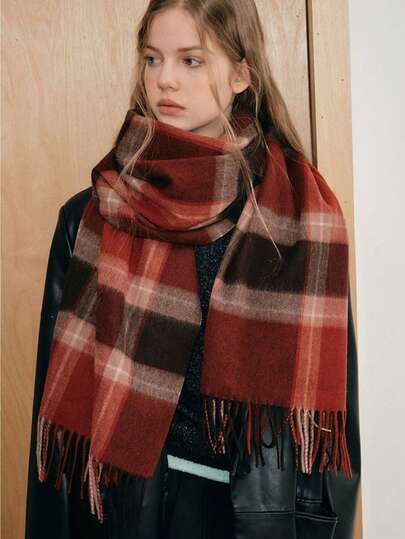 1条女士时尚韩版格子围巾，秋冬季保暖时尚流苏学生围巾，加厚长围巾，男女情侣披肩，连衣裙