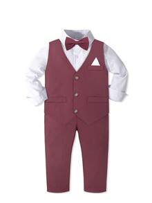四件套男童绅士西装套装 - 白色衬衫、马甲、领结、裤子，休闲时尚，适合生日派对、新年、婚礼、假期、返校等场合。 - 紅色 - 查看 2