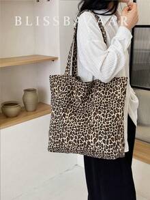 1 pezzo Borsa a spalla con stampa leopardata, borsa alla moda di grande capacità in materiale tela, borsa da spiaggia, personalizzabile, borsa con stampa leopardata alla moda