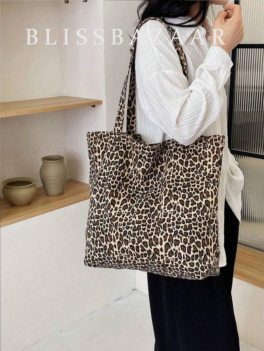 1 pezzo Borsa a spalla con stampa leopardata, borsa alla moda di grande capacità in materiale tela, borsa da spiaggia, personalizzabile, borsa con stampa leopardata alla moda