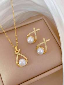 1 件女孩十字珍珠项链链配白珍珠项链耳环，个性化风格耳环和项链套装，