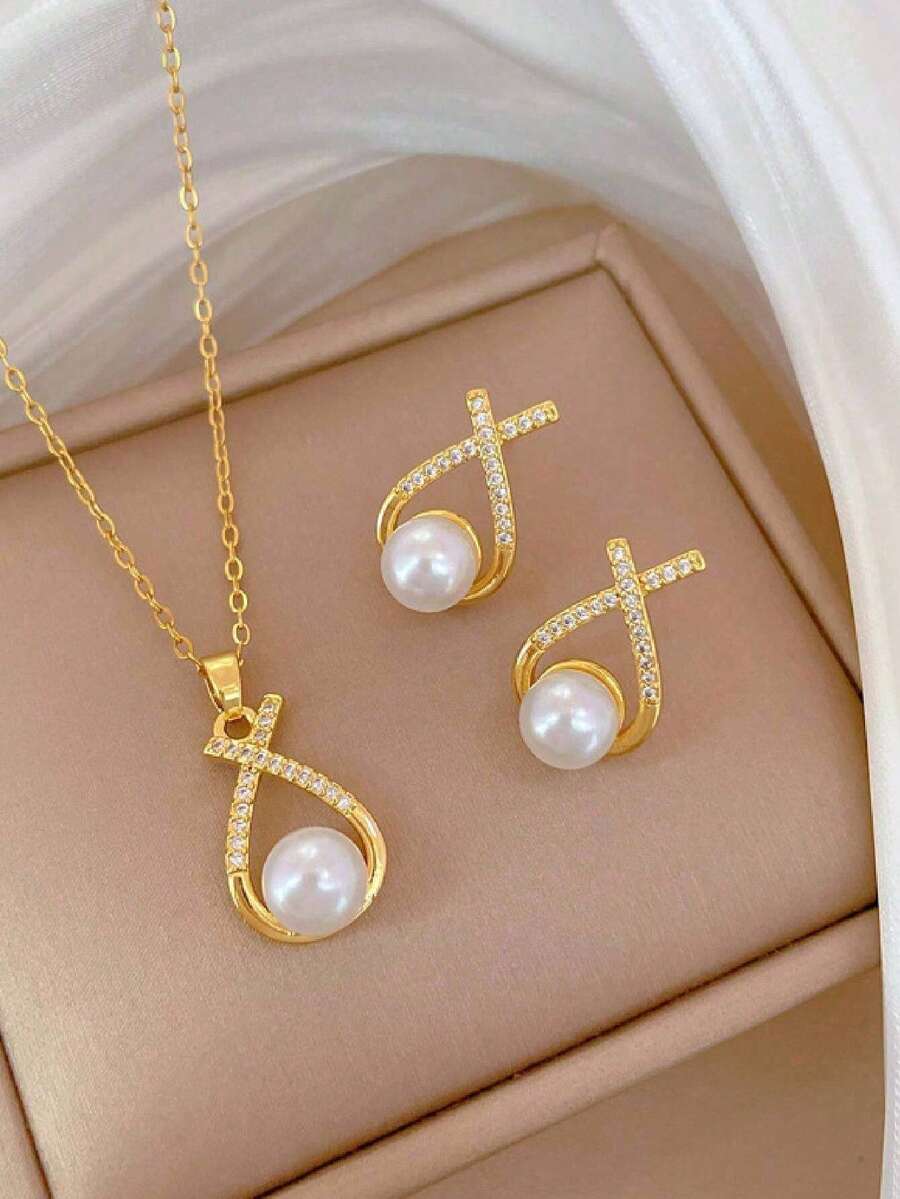 1 件女孩十字珍珠项链链配白珍珠项链耳环，个性化风格耳环和项链套装，