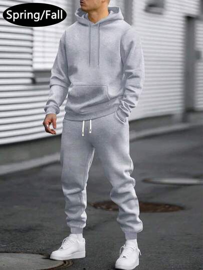 Men's Lightweight Regular Fit Hoodie And Sweatpants Set, Solid Color Basic Style, Fashion Casual Outfit With Pockets And Drawstring Waist, Suitable For Spring/Autumn, Great Gift For Husband/Boyfriend, Street, Commute, Outdoor Activities, Vacation, Cozy Outfits