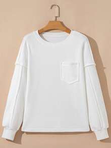 Acelitt Casual Solid Color Ribbed Crew Neck Pocket Design Loose Minimalist Fashion Top T-Shirt, Suitable For Spring & Autumn - White - View 4