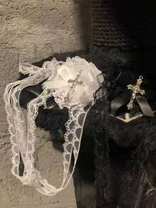 1pc Women's Punk Chic Gothic White Lace Heart Eye Mask Decor, Dark Cross Cosplay Accessory, Nurse, Lolita, Witch Makeup Party Necklace Garter - White - View 5