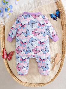 女婴休闲可爱卡通大象和蝴蝶结印花连脚睡衣，长袖连体衣，春秋季 - 淡紫色 - 查看 2