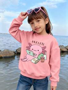 Áo nỉ cổ tròn in hình kỳ giông hoạt hình dành cho bé gái tuổi teen, thoải mái, thời trang mùa thu đông dễ thương. - Hồng - Xem 6