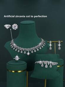 5pcs Luxury Royal Style Bridal Wedding Jewelry Set, Includes Necklace, Bracelet, Earrings, Ring, Handcrafted With White Cubic Zirconia, Suitable For Daily Wear And Wedding, Comes With Gold Gift Box, Christmas Gift - Teardrop Suit - View 4