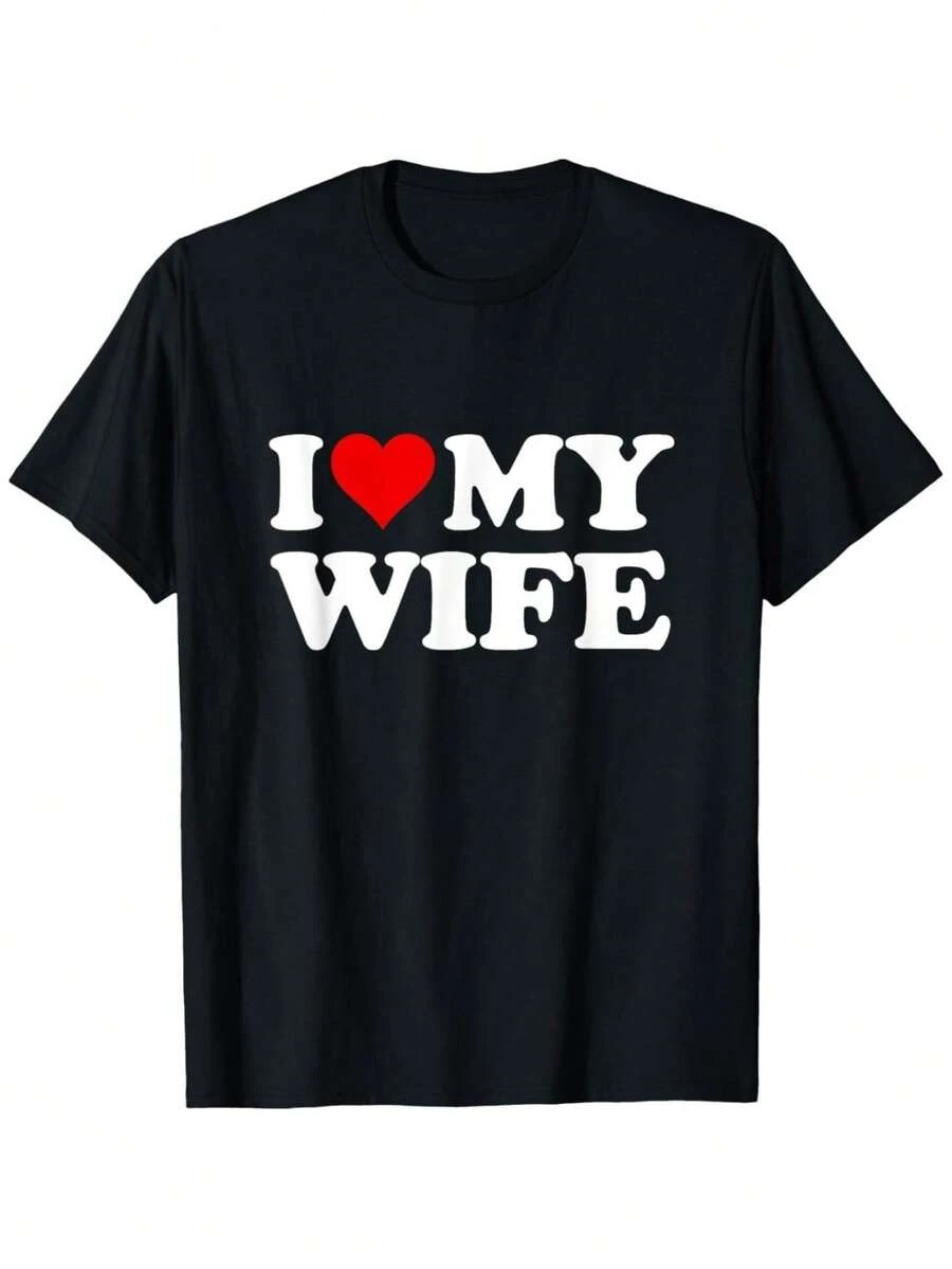 Cotton Short Sleeve Red Heart I Love My Wife T-Shirt For Men Women - 黑色 - 查看 1