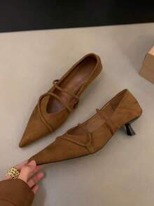 Zapatos de tacón de aguja tipo Mary Jane de ante retro francés de primavera 2025, zapatos de tacón de gatito para ir al trabajo y fiestas para mujeres - Marrón - Ver 3