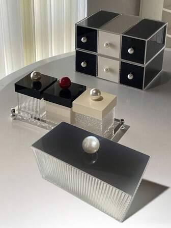 1PC Square Acrylic Storage Box With Pearl Top - Stripe Textured Transparent ABS, Cotton Swab Organizer / Makeup Pad Holder / Jewelry Display Case / Desk Decor For Women/Teens/Girls, Vanity/Bathroom/Dorm Desk, Halloween/Thanksgiving/Christmas, Gifts For Friends/BFFs/Birthday, Ins Aesthetic (Vanity Organizers/Bathroom Storage/Desk Accessories/Jewelry Boxes/Cute Home Decor/Gift Ideas/Holiday Party Supplies)