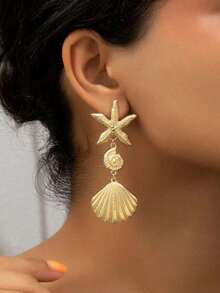 1 Pair Asymmetrical Shell & Starfish Earrings For Women, Fashion Exaggerated Metal Design, Versatile Beach Vacation Jewelry, Chic Summer Statement Accessory For Daily Wear, Party, Holiday Or Gift Idea For Girls, Teens & Ladies - Vàng - Xem 3