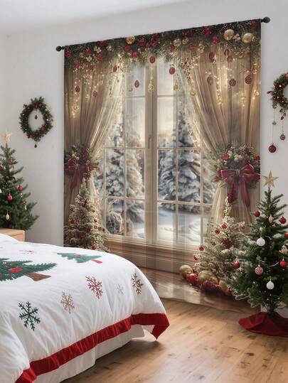 1pc Christmas New Christmas Ball Christmas Element Pattern Advanced Decorative Pole Curtains, Four Seasons Universal, Used For Outdoor, Pavilions, Bedroom, Kitchen, Office, Study, Living Room - Semi Blackout Window Screens And Curtains