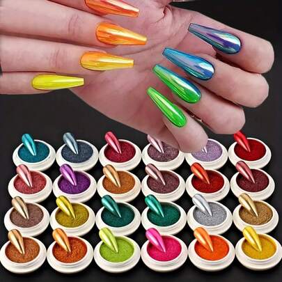 [Magic Chrome Powder] 24pcs/Set Chrome Nail Powder Magic Mirror Sanding Powder Chrome Pigment Metallic Pigment Hologram Flash Aurora Powder Spring Shiny Color Gel Polish DIY Nail Art Decoration