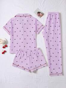 3pcs Bubble Crinkle Cherry Print Women Pajama Set - Short Sleeve Button Collar Top And Shorts + Long Pants - 紫羅蘭色 - 查看 2