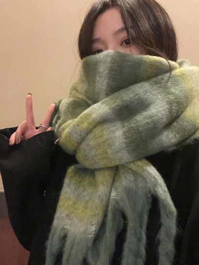 1pc Women's Green Polyester Messy Braid Fleece Striped Knit Scarf