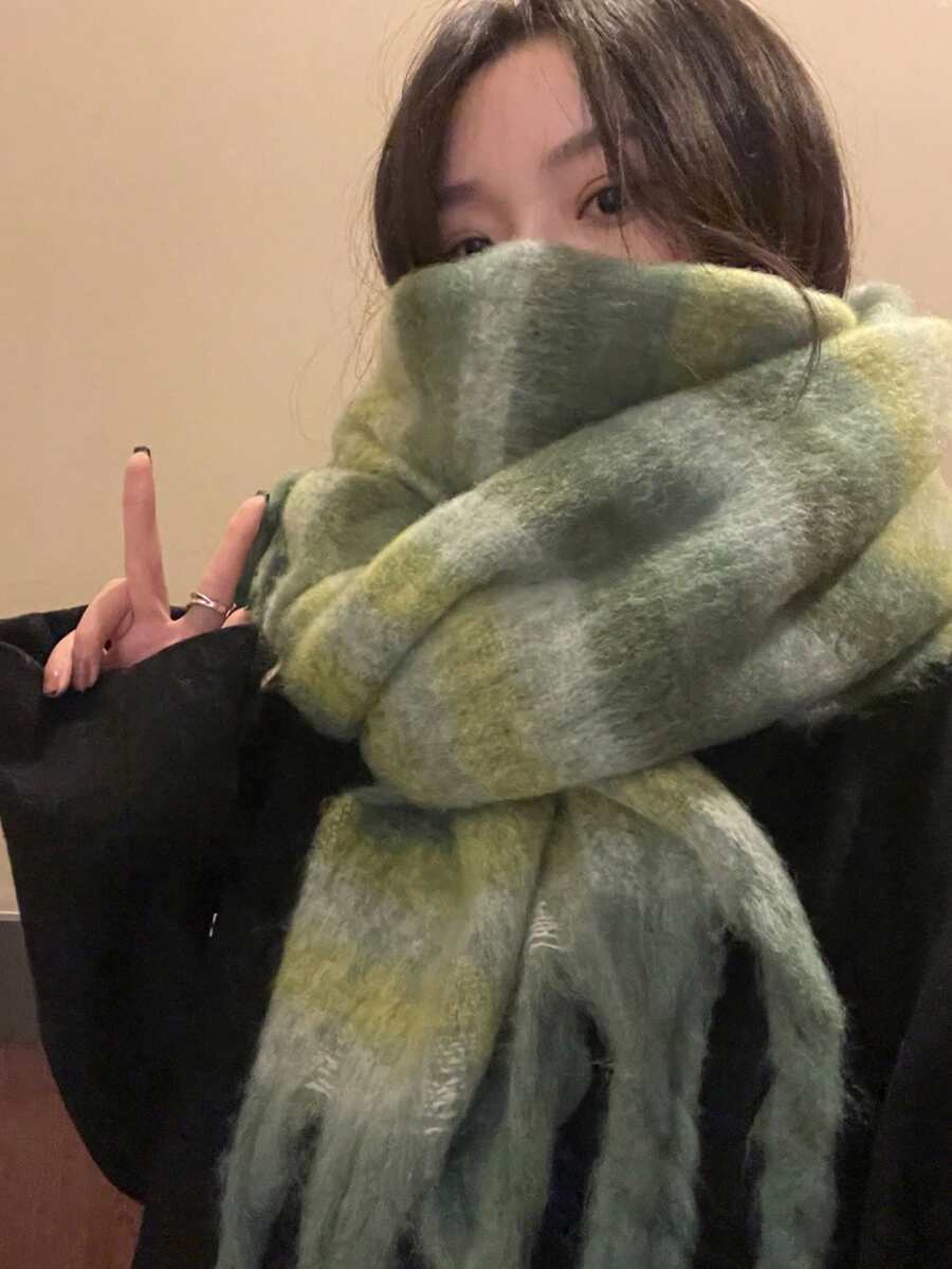 1pc Women Green Messy Braid Fleece Striped Knit Scarf For Dress