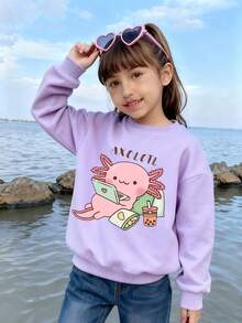 少女卡通墨西哥钝口螈印花圆领卫衣，休闲舒适，秋冬时尚可爱 - 淡紫色 - 查看 5