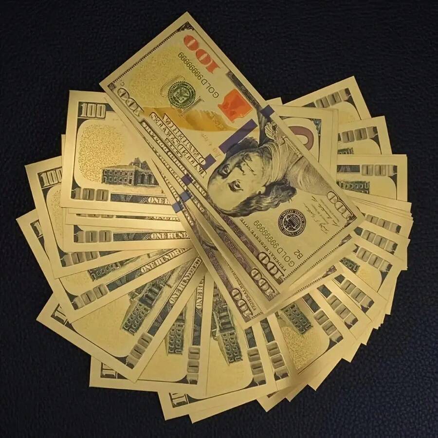 10 Gold Hundred Yuan Banknotes, Colorful Gold Foil Banknote Bookmarks, Used For Attracting Wealth, Positive Energy, Spiritual Blessings, Symbolic Gifts, Gold Coins, Fine Craftsmanship, Plastic Material, Fake Currency, Collectible Banknotes, Gift For Shoppers, Event Decorators - 10 - View 1