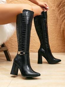 Botas hasta la rodilla de mujer de nueva moda con estampado de cocodrilo en negro, tacón grueso, puntera puntiaguda y cremallera lateral, adecuadas para otoño/invierno, Halloween, Navidad, Acción de Gracias y Año Nuevo