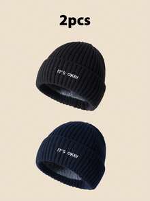 1pc Unisex "IT's OKAY" Embroidered Solid Color Knit Beanie, Men's Winter Thermal Lined Warm Cuffed Hat, Soft & Comfortable, Minimalist & Fashionable, Suitable For Cold Weather Winter Clothing - A - View 14