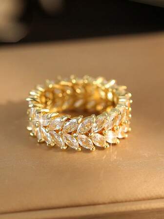 1pc Fashion Copper Zirconia Wheat Design Ring, Suitable For Women's Daily And Party Wear