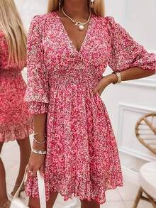 Boho Chiffon Short A-Line Dress For Women With All-Over Floral Print V-Neck Long Flare Sleeves Shirred And Ruffle Hem - Hot Pink - View 12