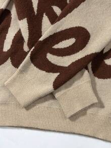 Maglione casual da uomo con colletto polo e motivo a lettera, nuova collezione primavera, top a maniche lunghe - Cachi - Visualizzare 7