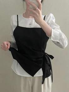 2026 Spring/Autumn Bow Tie Strap Camisole + Long Sleeve Shirt 2-Piece Set - Black and White - View 5