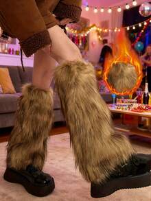 1双毛绒腿套，Y2K复古摩登辣妹仿皮草靴套，欧美显瘦毛绒套，适合日常穿着，舒适保暖 - 棕色 - 查看 8