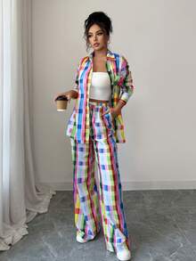 Women's 2pcs Set Colorful Plaid Print Long Sleeves Shirt And Elastic Pants For Loungewear Soft Sleepwear Casual Style, Vintage Inspired Fashion ,Can Be Worn Outdoor,Has The Look And Feel Of Cotton