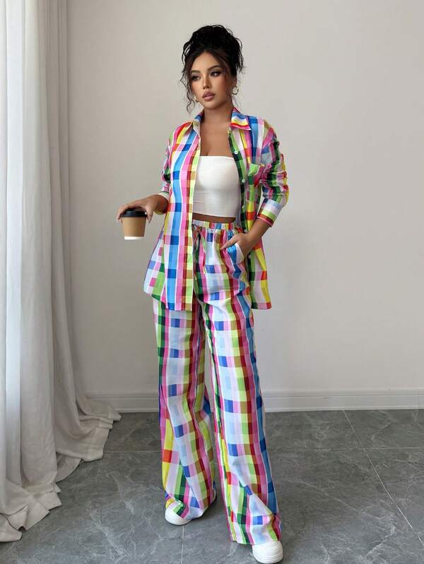 Women's 2pcs Set Colorful Plaid Print Long Sleeves Shirt And Elastic Pants For Loungewear Soft Sleepwear Casual Style, Vintage Inspired Fashion ,Can Be Worn Outdoor,Has The Look And Feel Of Cotton