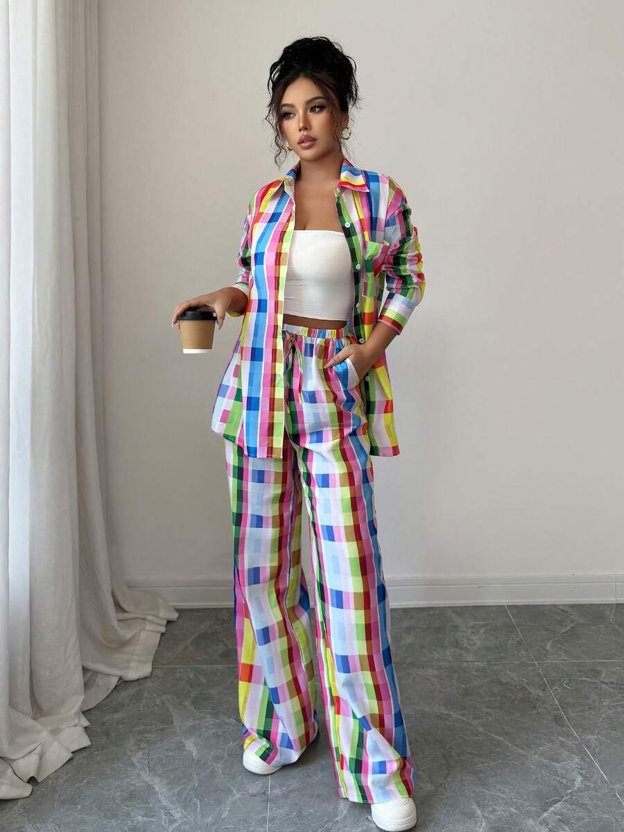 Women's 2pcs Set Colorful Plaid Print Long Sleeves Shirt And Elastic Pants For Loungewear Soft Sleepwear Casual Style, Vintage Inspired Fashion ,Can Be Worn Outdoor,Has The Look And Feel Of Cotton