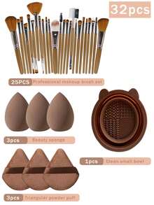 41件套奢华化妆刷套装，含便携化妆包、专业化妆刷和海绵，轻松打造精致妆容。套装包含：25支化妆刷、3个化妆海绵、3个迷你化妆海绵、3个三角粉扑、3个迷你气垫粉扑、1个发箍、2个刷架和1个刷子清洁工具。化妆刷套装，混合化妆工具，包含散粉刷、腮红刷、高光刷、眼影刷等，刷具齐全，化妆刷套装，完整化妆工具包。 - 咖啡棕 - 查看 15