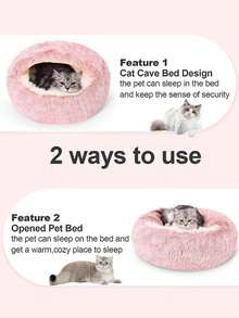 1pc Plush Round Pet Bed, Cat House, Dog Beds, Cat Accessories, Fluffy Soft Cat Bed, Donut Pet Cushion, Winter 2 In 1 Cat Bed, Warm Sleeping Bag Sofa Cushion, Outdoor Cat House, Pet Stuff, For Room Decor, Christmas, Fall Decor, Halloween Decor - 粉色 - 查看 3