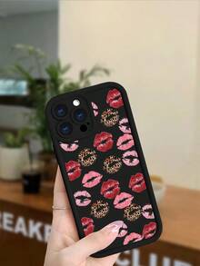 1PC Women's Lips & Leopard Print TPU Protective Shockproof Painted Phone Case For IPhone 17ProMax 16ProMax 15ProMax 14ProMax 13ProMax, Cute Pink And Red Design For Halloween Christmas Party Gift - màu đen - Xem 3