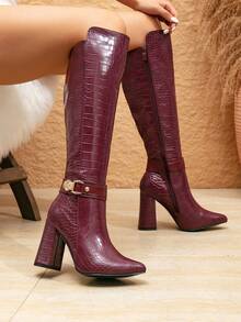女士新款时尚鳄鱼纹酒红色高筒靴，粗跟尖头侧拉链连衣裙靴，适合秋冬季节，也适合万圣节、圣诞节、感恩节、新年等场合，及膝长靴 - 酒紅色 - 查看 3