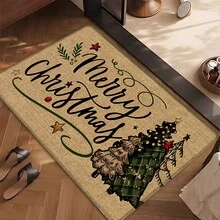 1 pièce Tapis de cuisine en lin imprimé motif sapin de Noël, cadeau de Noël, décoration de Noël, tapis de cuisine, tapis de sol, tapis de salle de bain, paillasson, rectangle imprimé en 3D, convient pour le salon, la chambre, le couloir, la salle de bain, la buanderie - Tapis en polyester, décoration d'intérieur et d'extérieur
